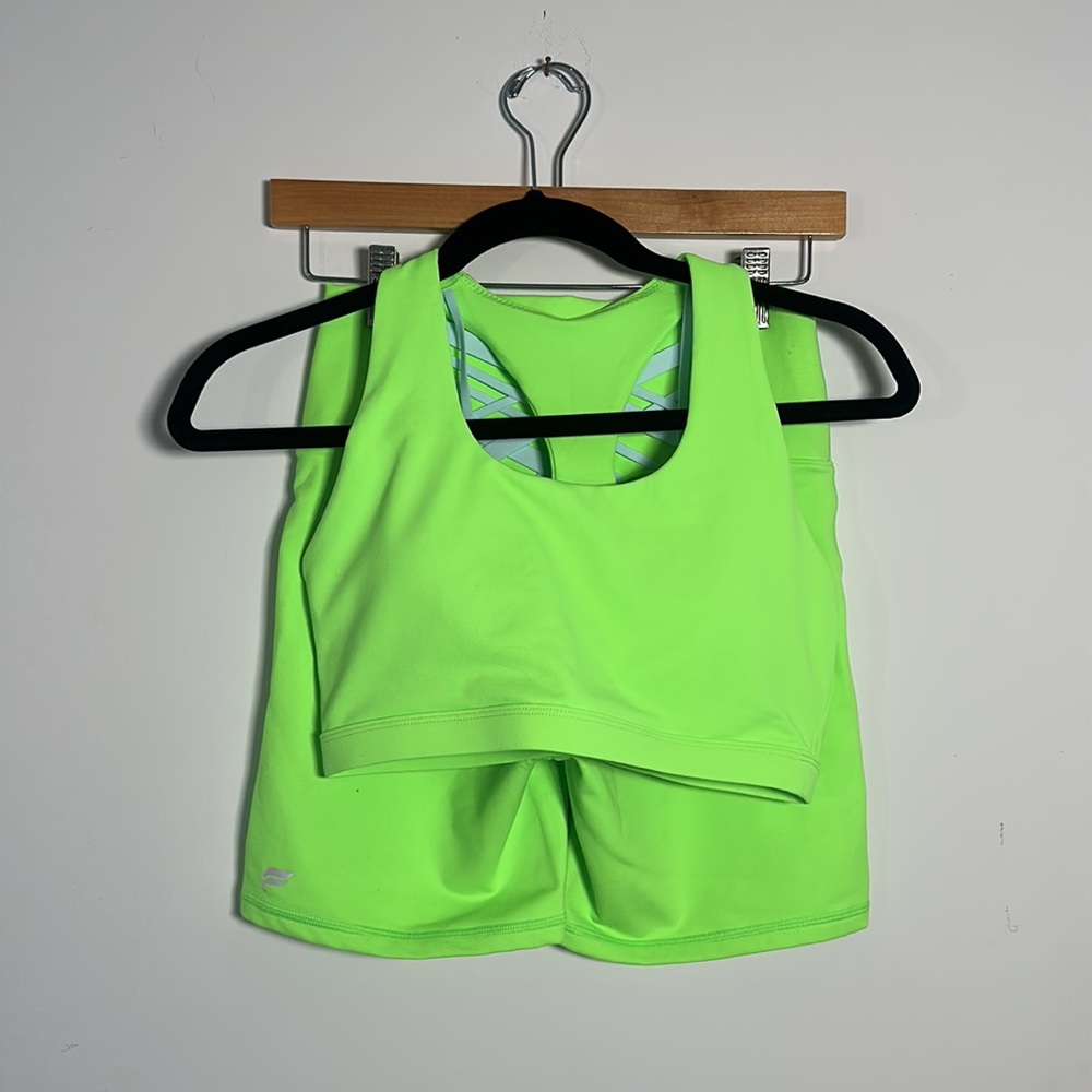 Fabletics Lime Green Boost Medium Impact Sports Bra and Boost PowerHold Shorts